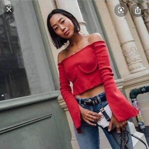 NWOT ORSEUND IRIS Red Cropped Off-Shoulder Ribbed-Knit Top Sz S Luxury Edgy